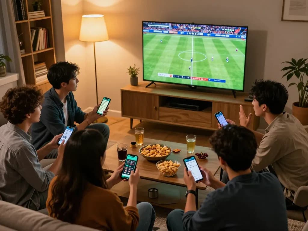 Friends engaged in intense tg88 sports betting while watching a live match at home.