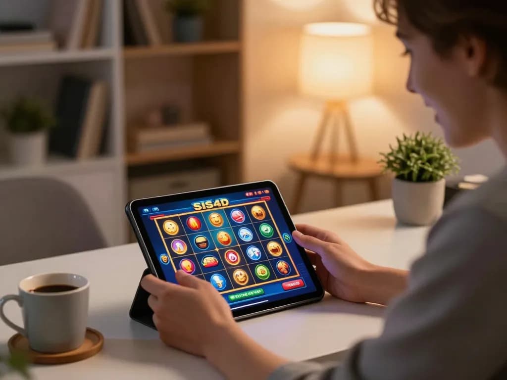 Engaging online gaming session with SIS4D slot games on tablet in a cozy home setting