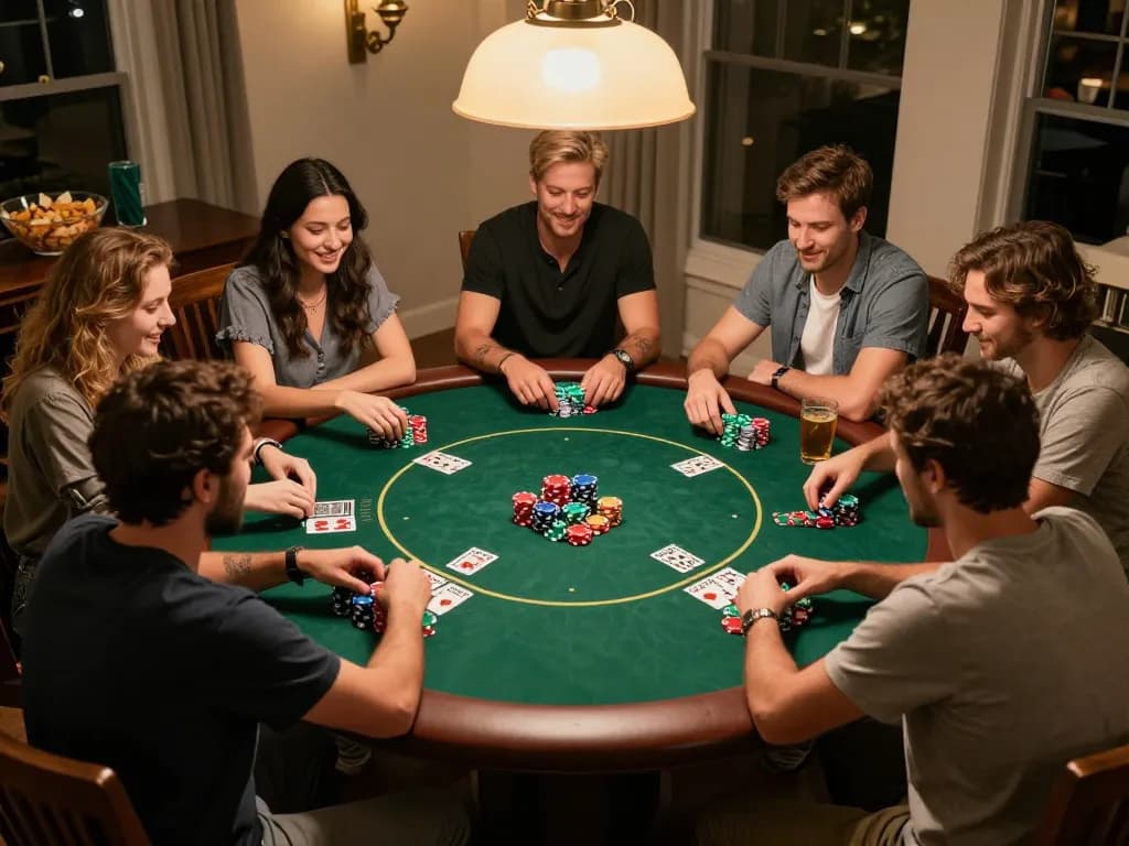 Players enjoying intense poker gameplay with 122 chips stacked, showcasing social interaction and strategy.