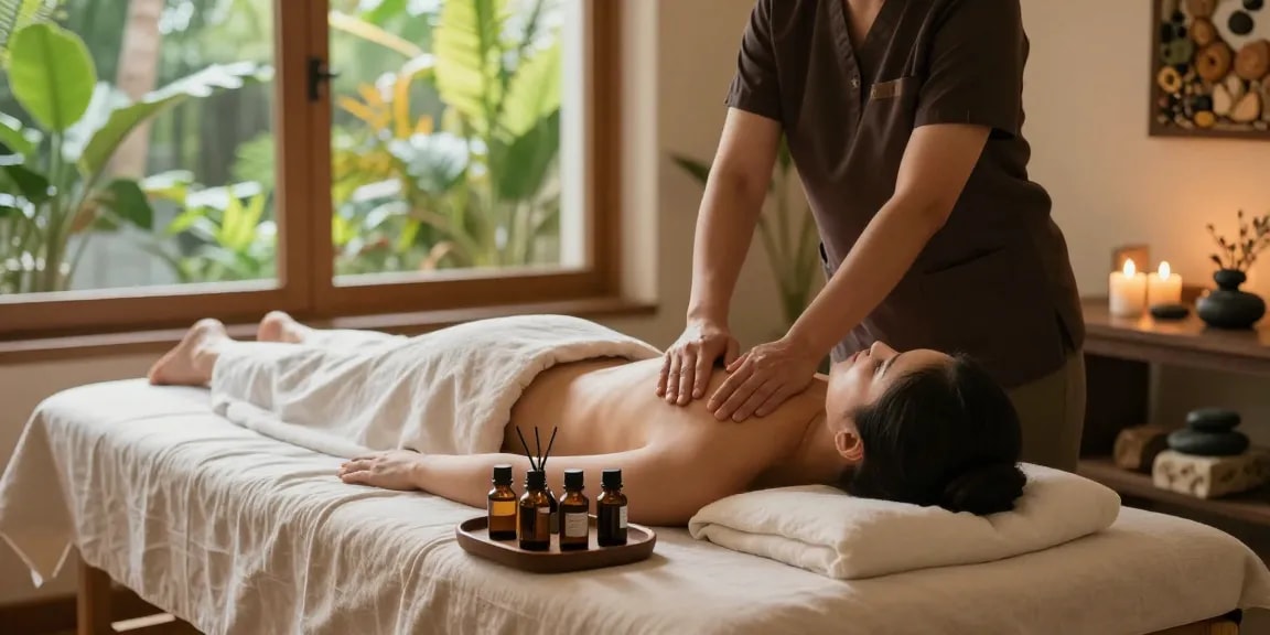 Relaxing 일산출장마사지 scene in a serene spa, showcasing a therapist and calming environment.