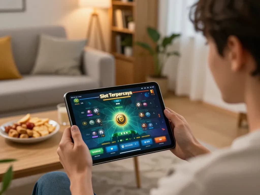 Engaging with a Slot Terpercaya game on a tablet in a cozy online gaming setup