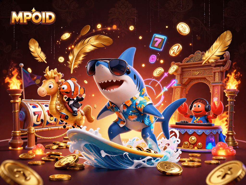 MPOID elevates gaming excitement with a shark surfing on gold coins amidst vibrant casino elements