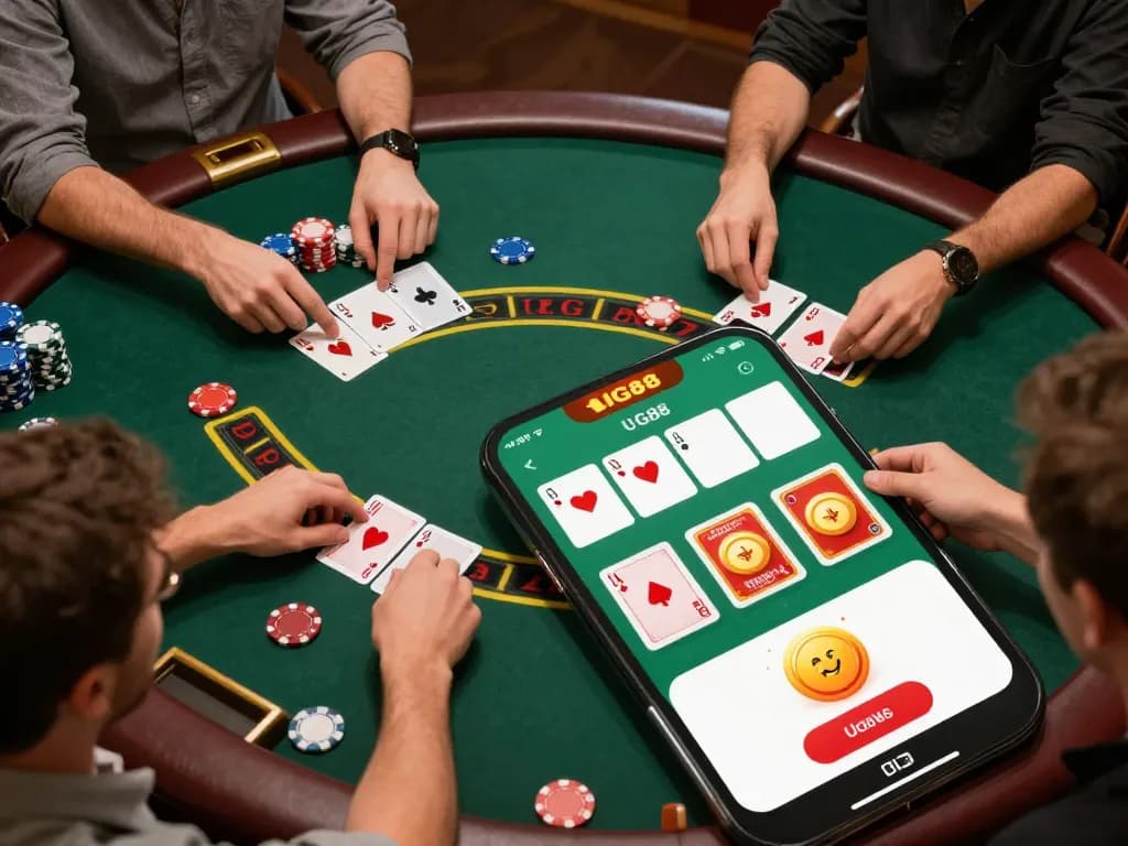 Players winning big at UG88 online blackjack, showing cards and chips with exciting notifications.