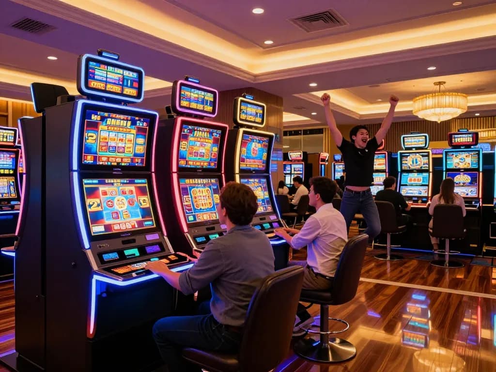 Pakde4D players celebrating wins at vibrant slot machines in an upscale casino atmosphere.