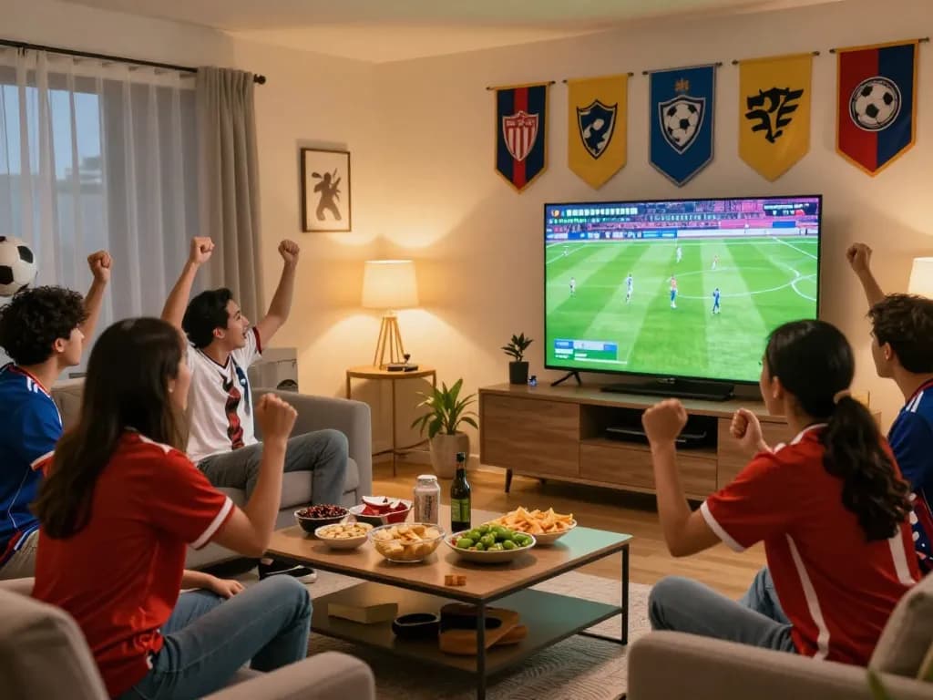 Friends enjoying a football match at home on Luong Son TV, vibrant living room with snacks and team banners.