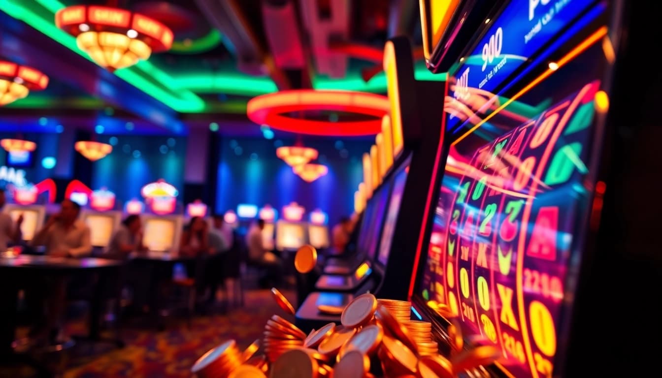 Permainan situs slot gacor yang menyenangkan dengan slot machine berlimpah koin dan pemain merayakan kemenangan.
