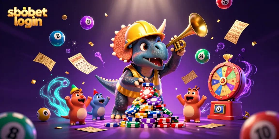 SBOBET login - Dynamic scene showcasing a triceratops and friends celebrating with poker chips and lottery elements.