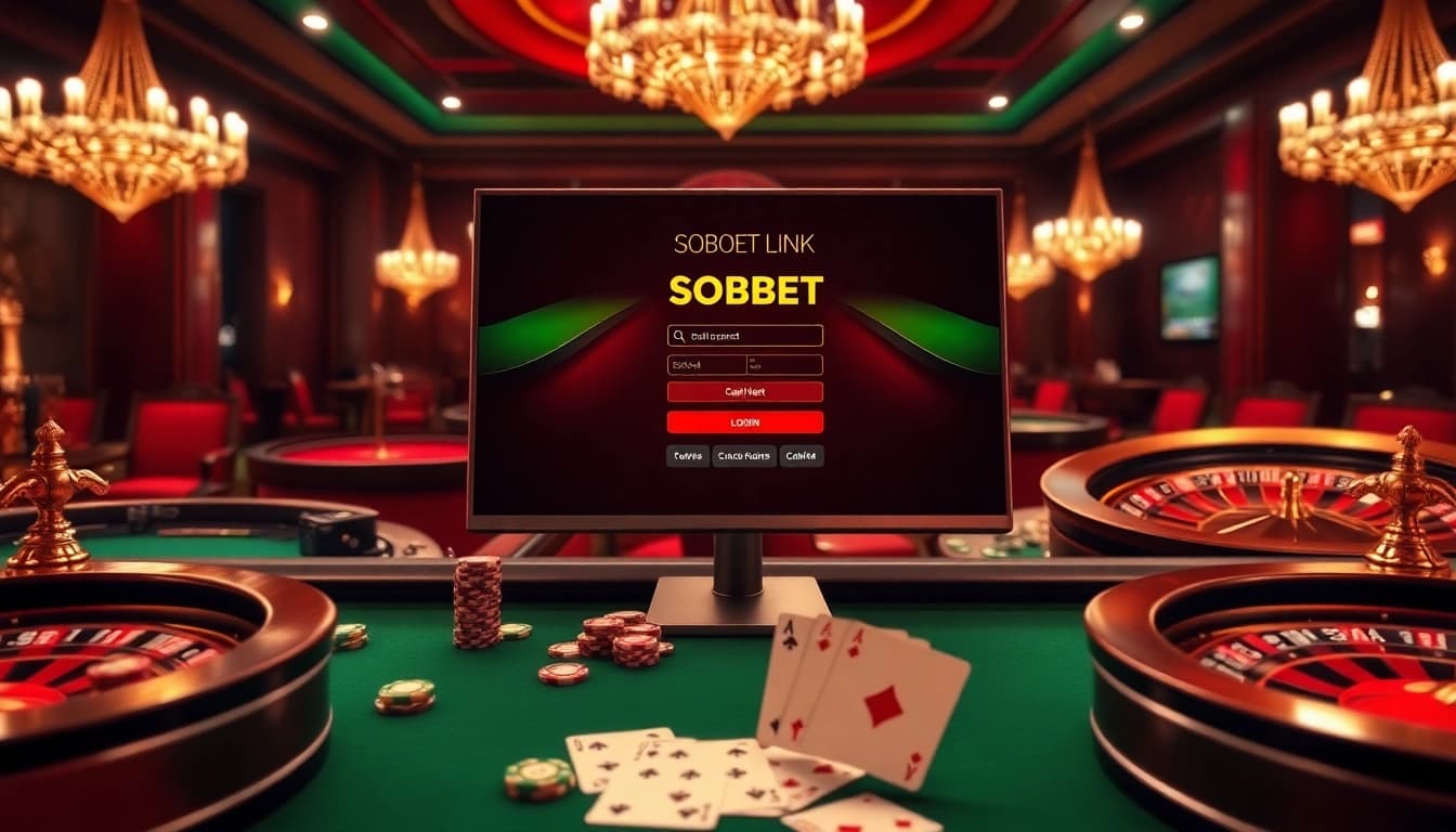 Sbobet link login interface showcased within an elegant casino scene, highlighting betting excitement.