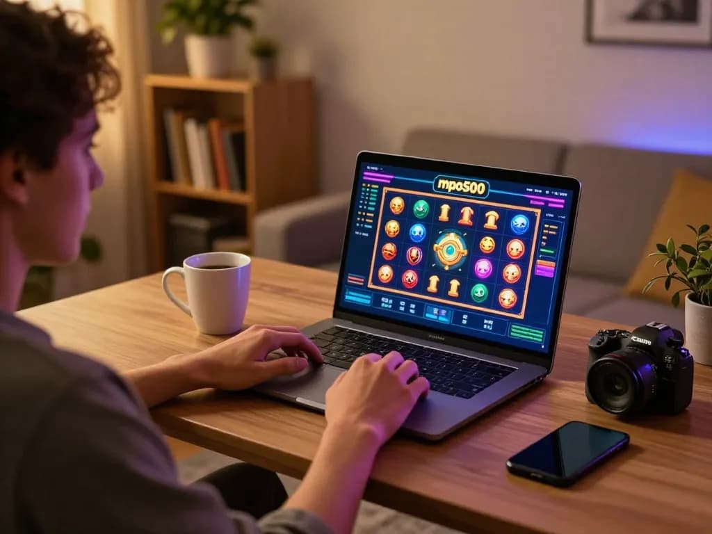 Play mpo500 online slot game on a laptop in a cozy home setting.