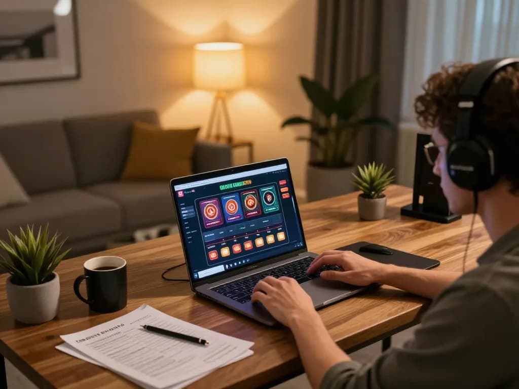 Player enjoying a responsible fabet online gaming session at home with strategic notes visible