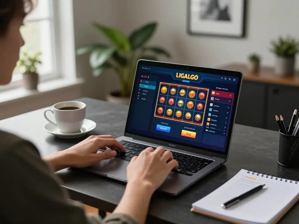 LIGALGO Login interface displayed on a laptop while engaging in online gaming strategy at home.