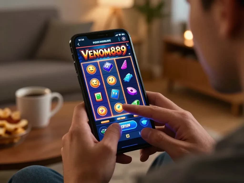 Engaging with VENOM889 Slot game on mobile, showcasing excitement in a cozy home