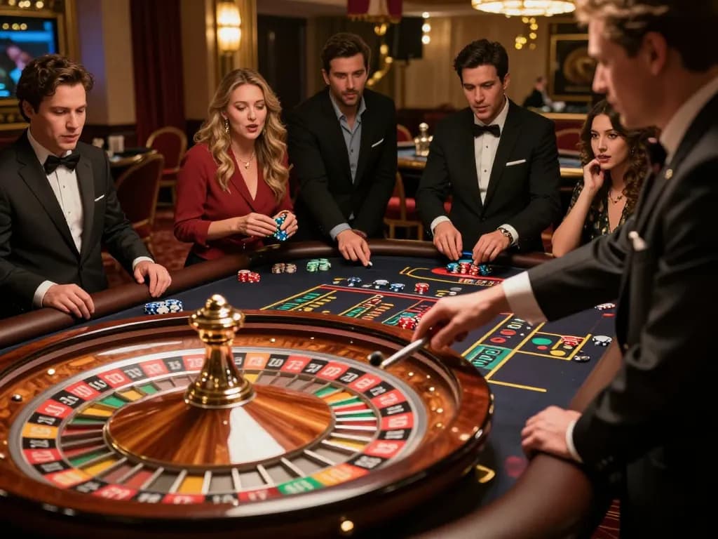 Experience the thrill of playing slot gacor at an elegant roulette table with excited players.