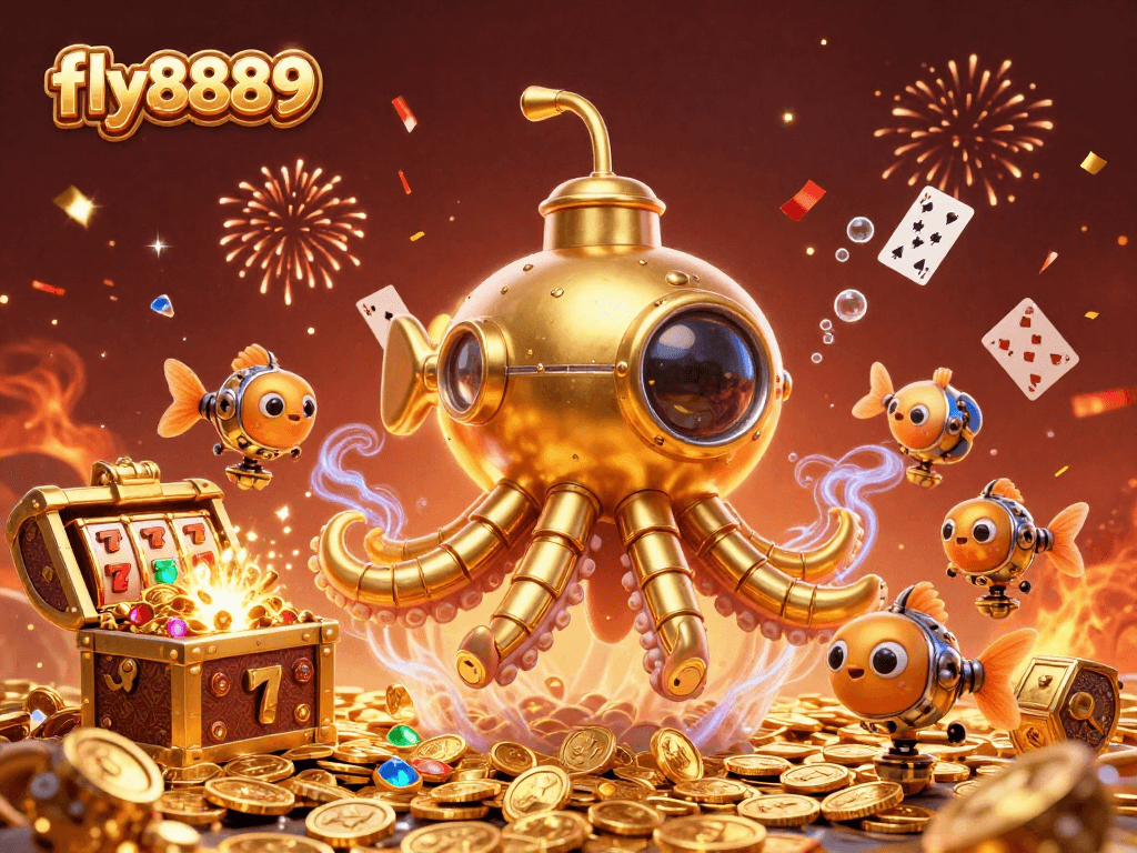 Experience the excitement of fly8889 with a golden kraken submarine amidst vibrant casino elements.