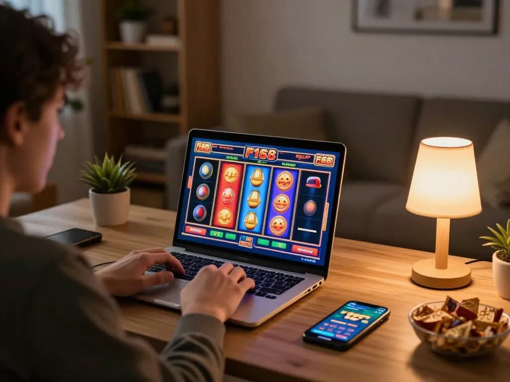 Player engaging with F168 slot games on laptop for a strategic online gaming experience.