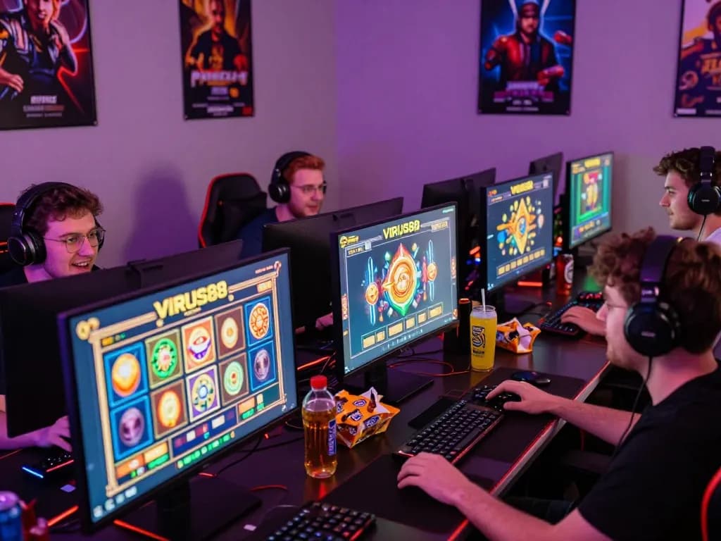 Pemain menikmati pengalaman permainan slot online VIRUS88 yang mendebarkan dalam pengaturan gaming yang nyaman.