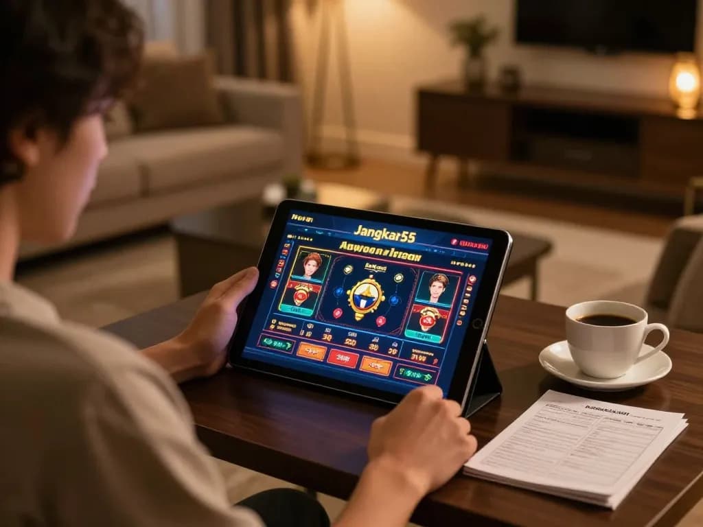 Engaging with the jangkar55 online casino on a tablet in a cozy home environment.