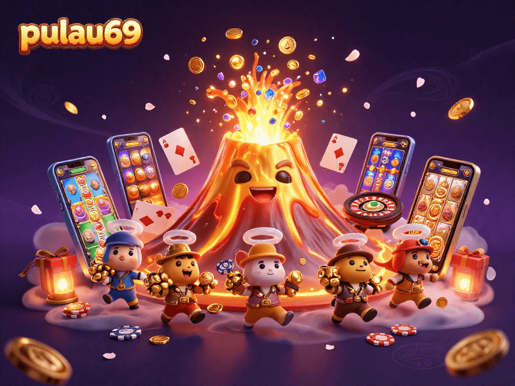 Pulau69 offers thrilling gameplay with a vibrant 3D illustration of a golden volcano and a treasure frenzy.