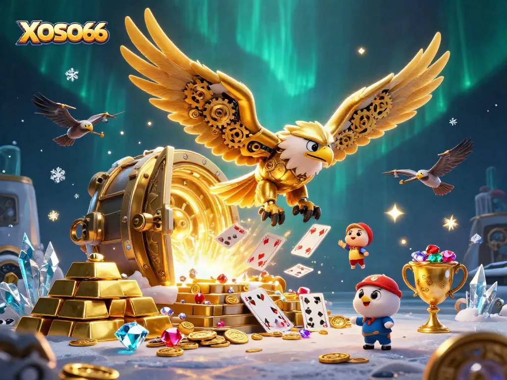 XOSO66 features a dynamic scene with a cybernetic eagle surrounded by casino treasures and action.