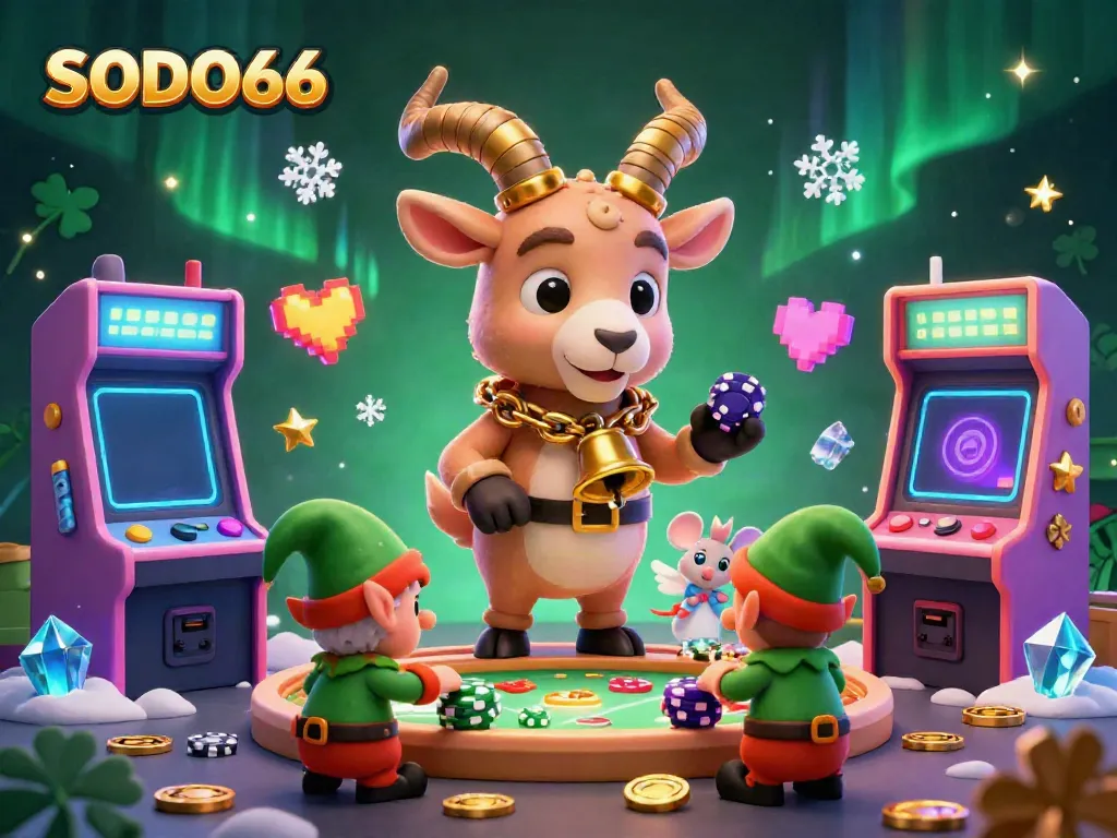 SODO66's festive casino scene with Krampus, an angel mouse, and elf gremlins stealing chips, rich gaming elements.