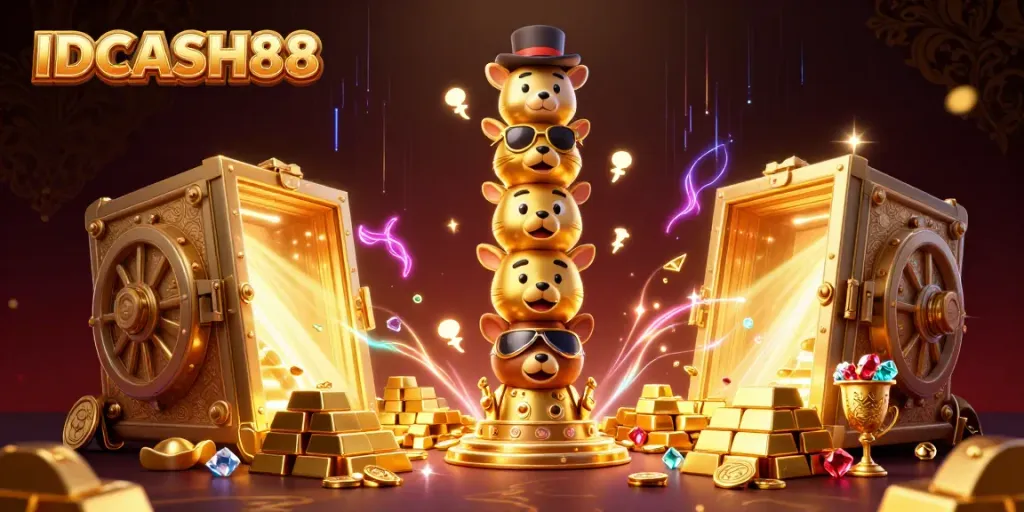 Experience IDCASH88 action with a vibrant 3D illustration of a golden totem, game gems, and treasures.