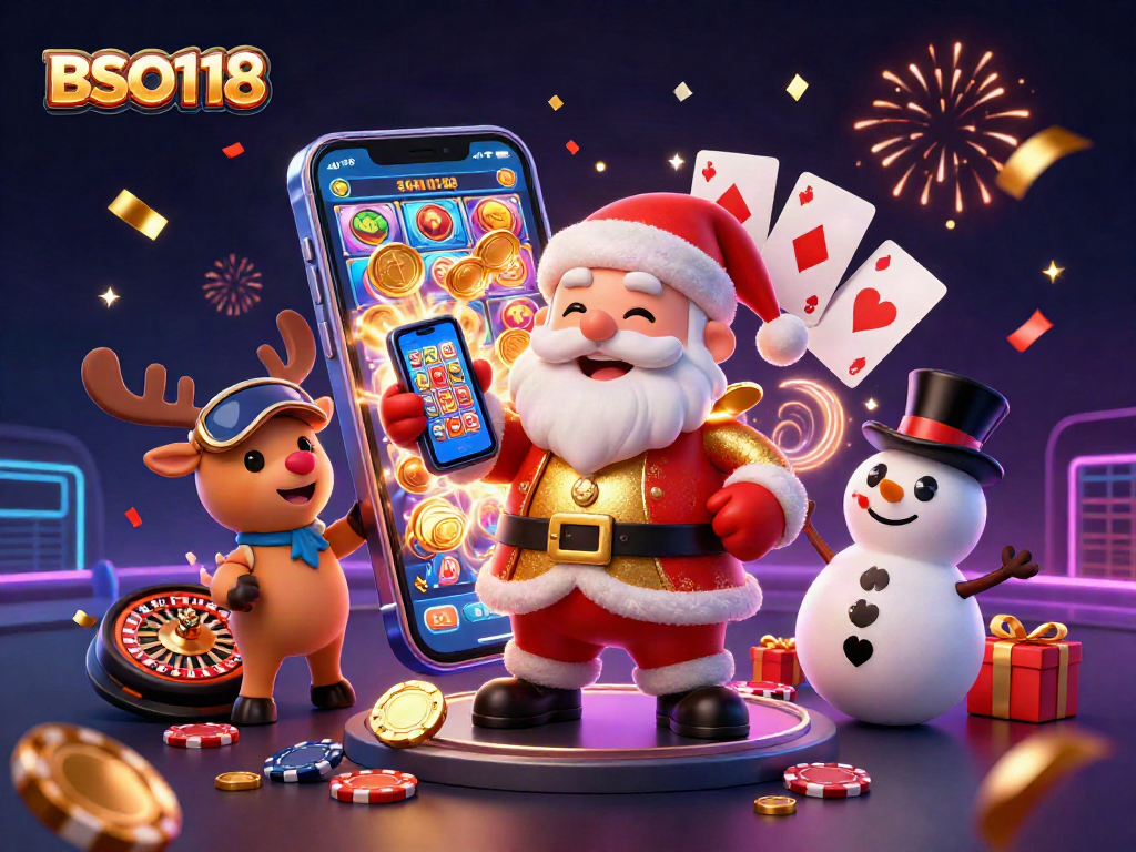 Experience the excitement of BSO118 with Santa and friends celebrating jackpot wins in a vibrant casino.