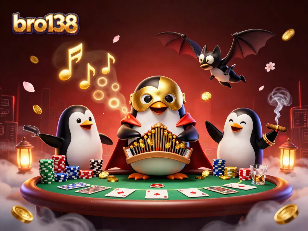 Experience the excitement of bro138 with a vibrant casino scene featuring a golden penguin and animated gaming elements.