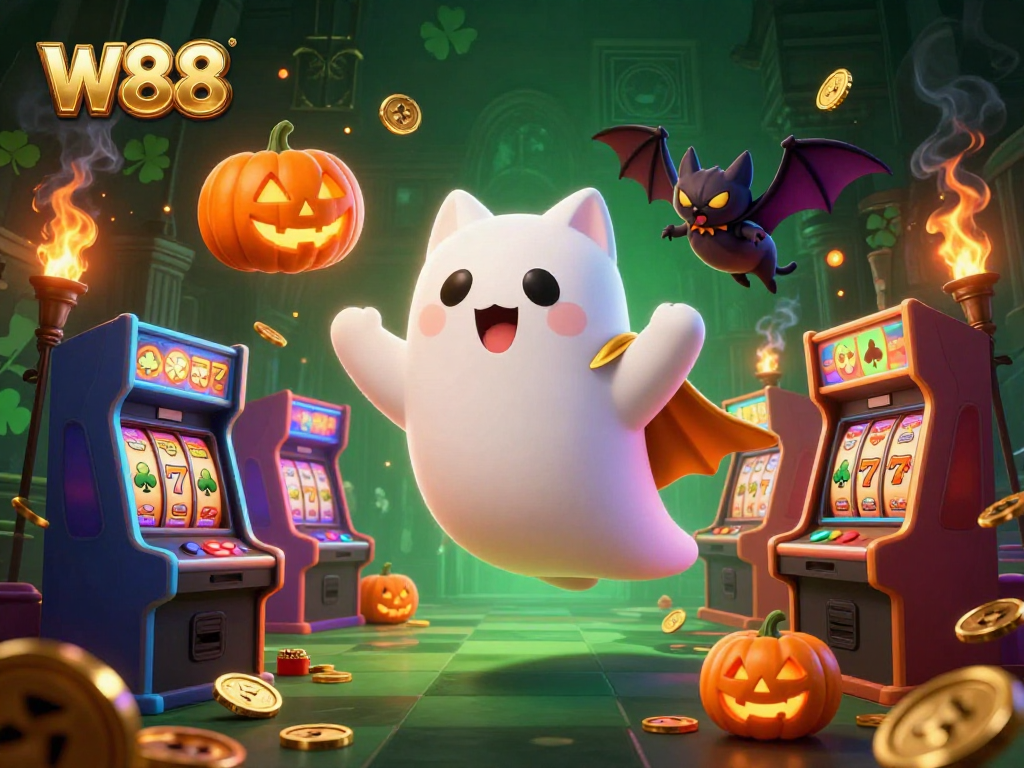 Experience the thrill of W88 with a ghost cat and bat in a haunted casino scene surrounded by vibrant games.