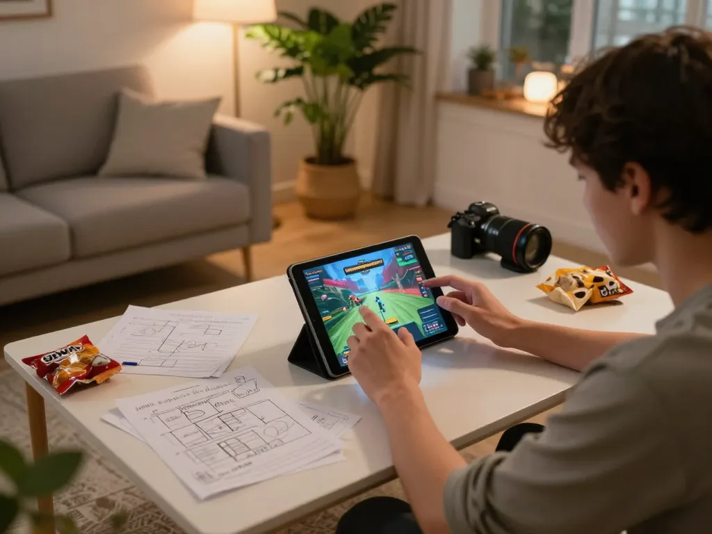 Engaged player enjoying game 98win on tablet in cozy home setting with strategic notes and snacks
