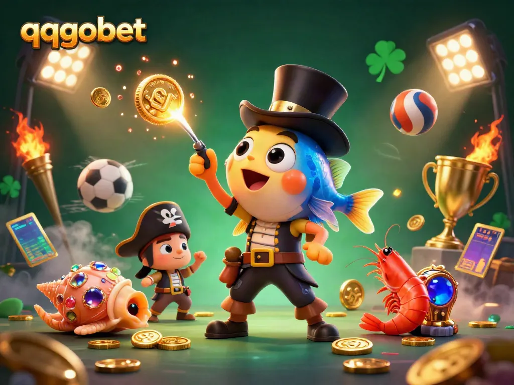 Engage with qqgobet's vibrant 3D underwater scene showcasing a deep-sea anglerfish attracting golden coins amidst dynamic sports elements.