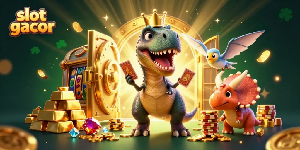 Experience the thrill of slot gacor with a playful T-Rex and friends shuffling cards amidst gold and treasures.