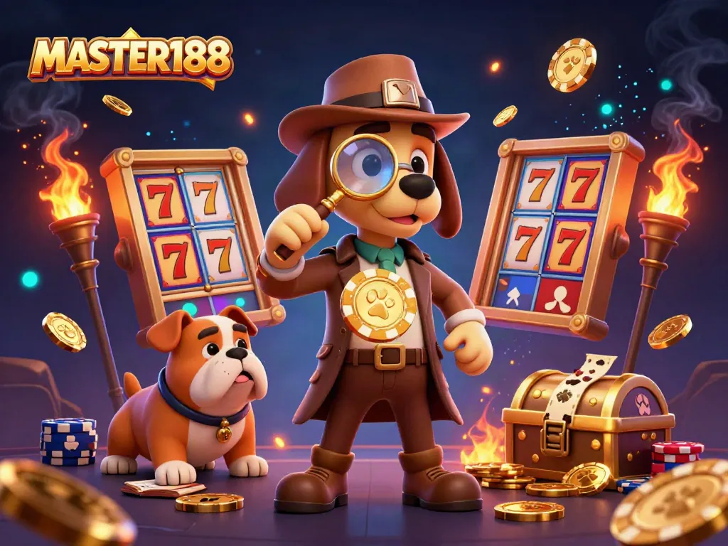 Engage with excitement at MASTER188 as our detective investigates golden poker chips among vibrant slot reels and coins.