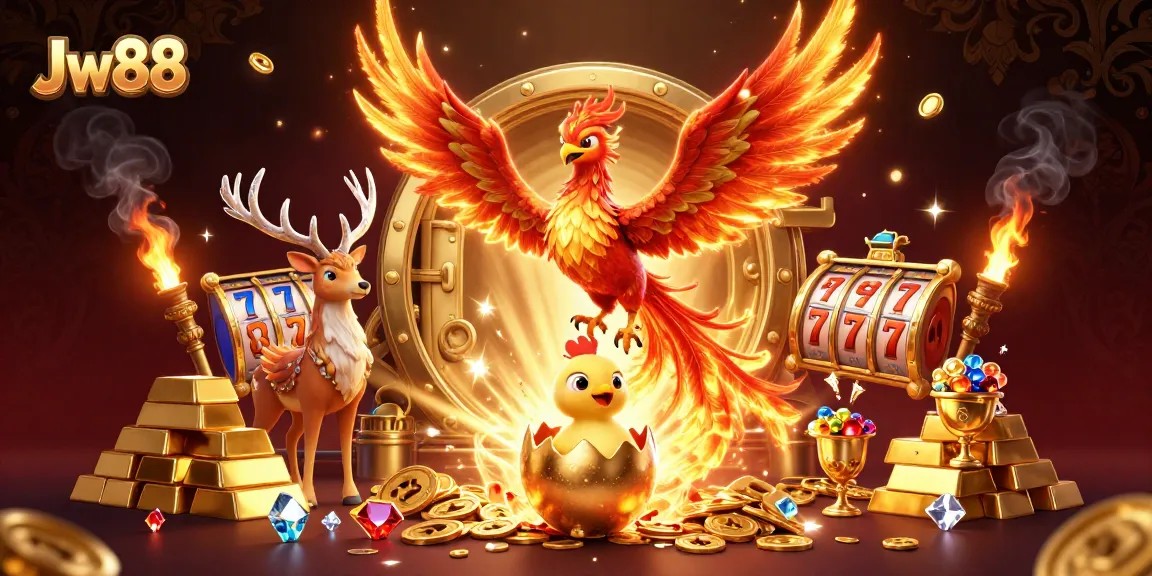 Experience thrilling gaming with Jw88 as a phoenix rises from treasure.