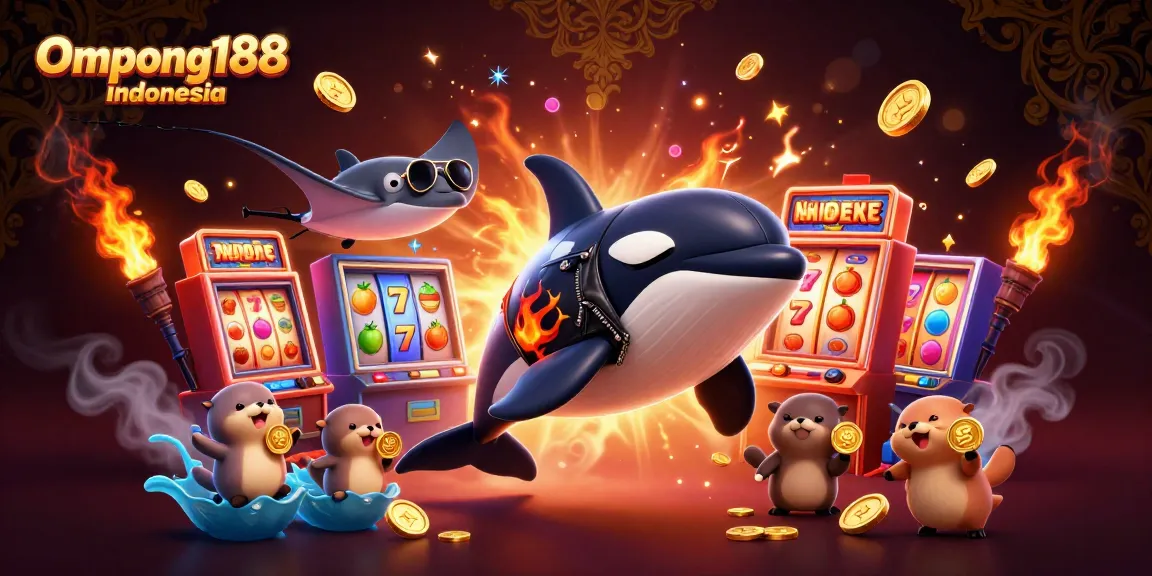 Ompong188 Indonesia memukau dengan ilustrasi kasino 3D, menampilkan karakter unik dan mesin slot berkilau.