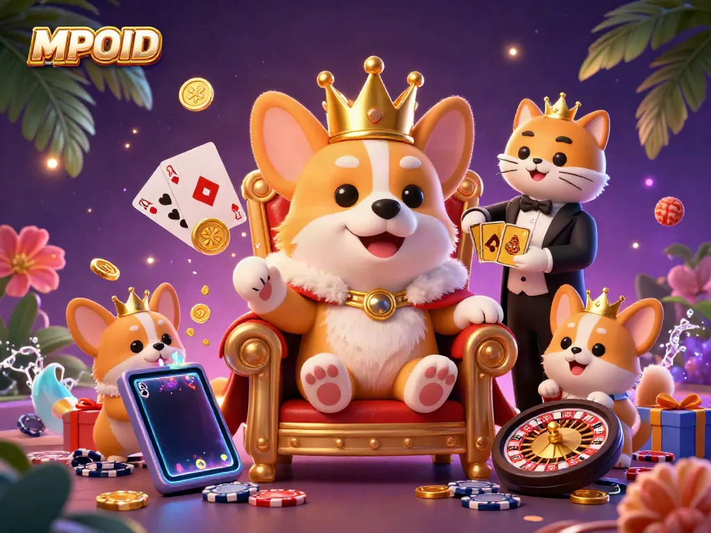 MPOID showcases an engaging illustration of a playful royal corgi surrounded by vibrant casino elements, celebrating online gaming.