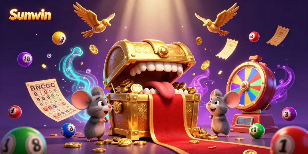 Win exciting prizes at Sunwin with colorful animated lottery balls, golden tickets, and vibrant casino elements.