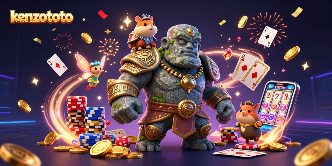 Kenzototo promotes thrilling gameplay with a golem guardian and magical fairy in a vibrant casino scene.