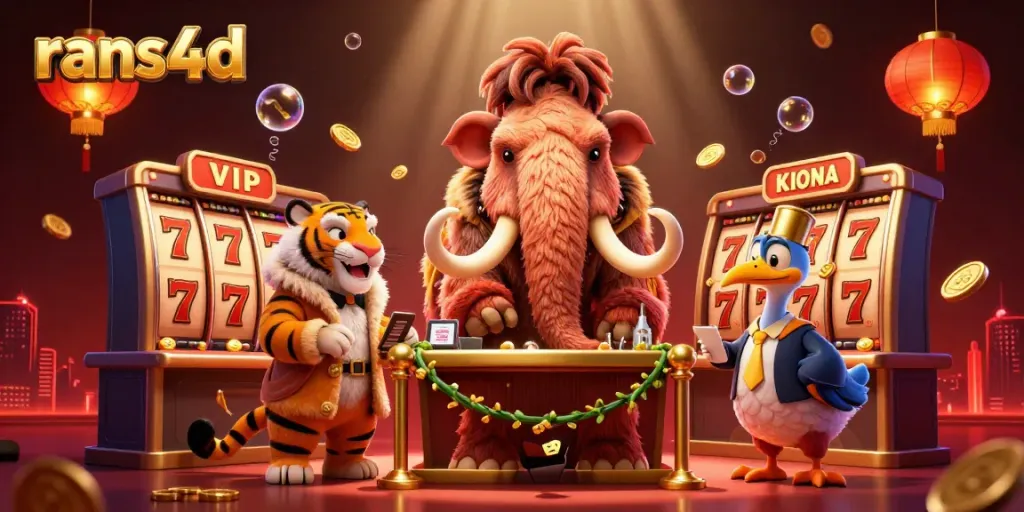 RANS4D menampilkan bouncer mamut berbulu dan tamu VIP sabertooth di kasino digital dengan banyak elemen keberuntungan.
