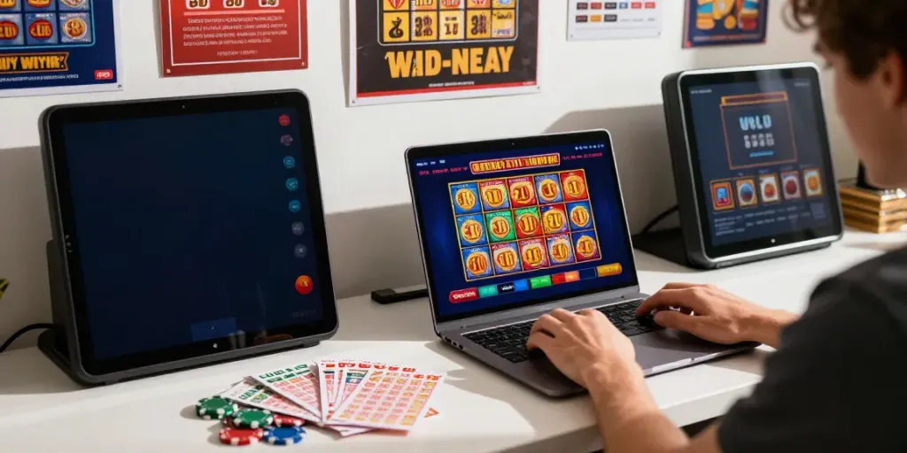 Ratutogel link: Pengguna bermain togel online dengan laptop dan tiket lotere di meja.