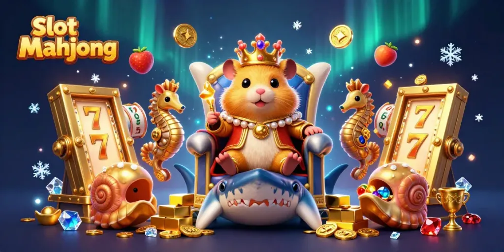 Raja hamster bermahkota coral bermain slot mahjong dikelilingi oleh harta karun.