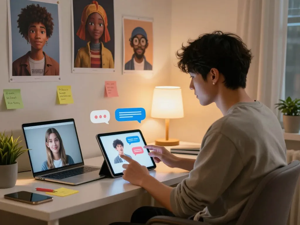 Engaging digital interaction with crushon ia chatbots in a cozy home office setting.