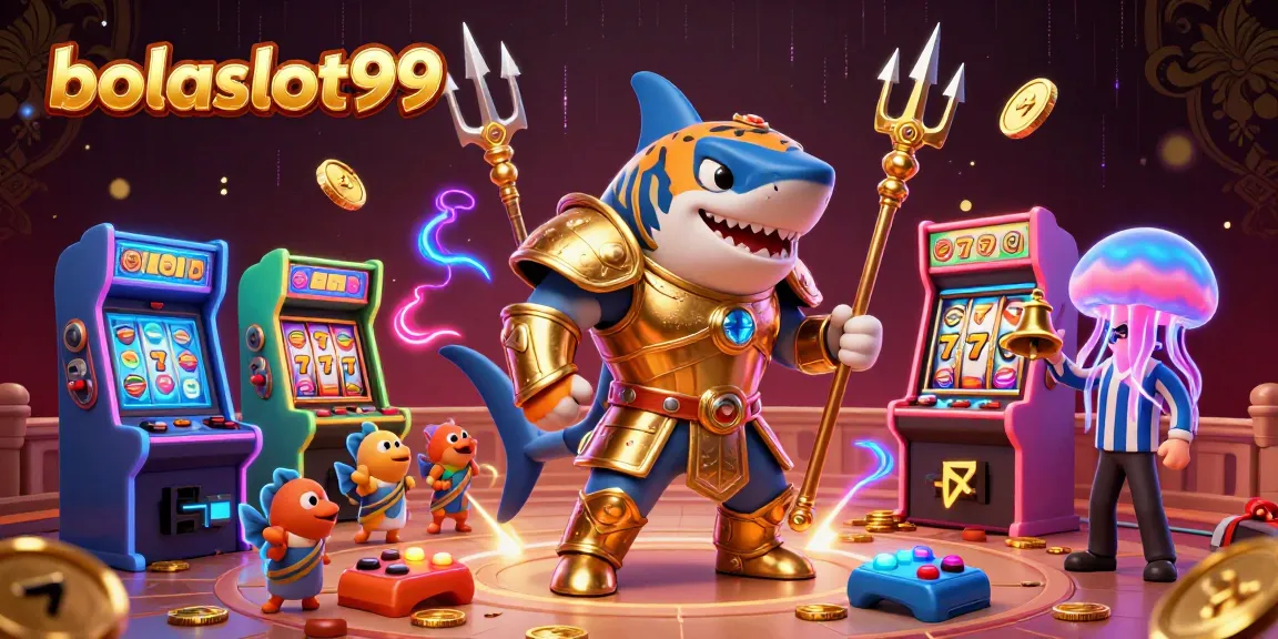 Bolaslot99 showcases a thrilling underwater casino scene with a tiger shark and slot machines.