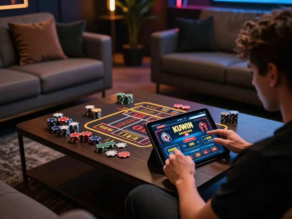 Kuwin player engaging with casino app while placing strategic bets at home.
