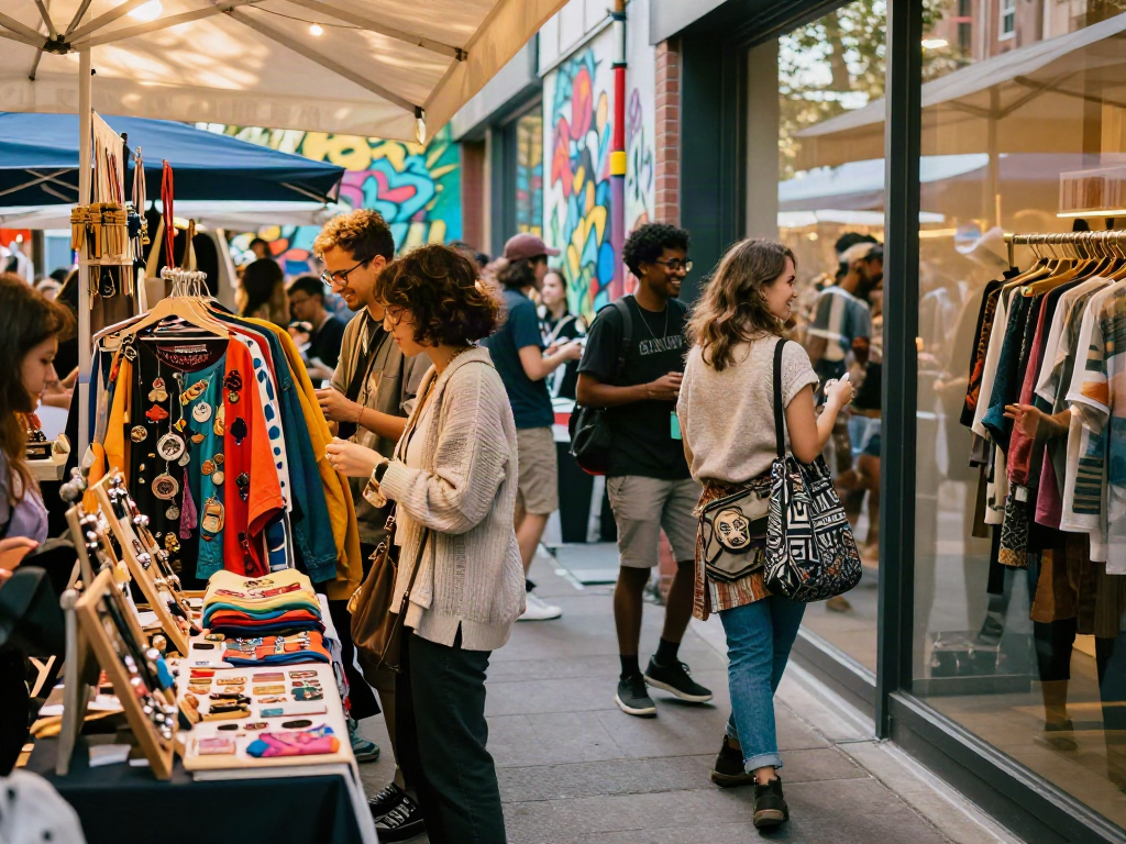 Vibrant street market scene showing diverse shoppers interacting with unique fashion brands while exploring bro138 lifestyle.