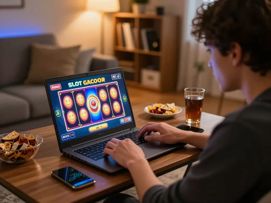 Player enjoying a thrilling Slot Gacor game on laptop in cozy home setting.