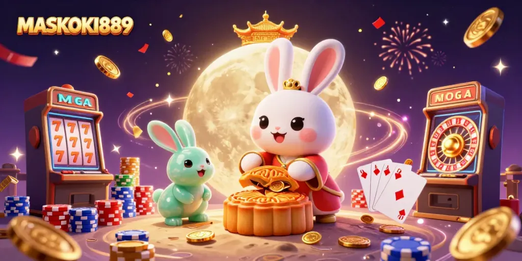 Play and win at MASKOKI889 with the magical moon rabbit revealing treasures and games