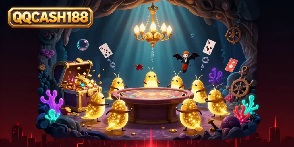 Experience the vibrant excitement of QQCASH188 casino with glowworms and treasures in a colorful underwater scene.