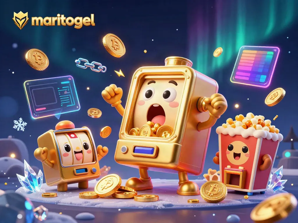 Experience a thrilling jackpot with mariatogel; a cartoon slot machine celebrating wins with shining coins and cheerful companions.
