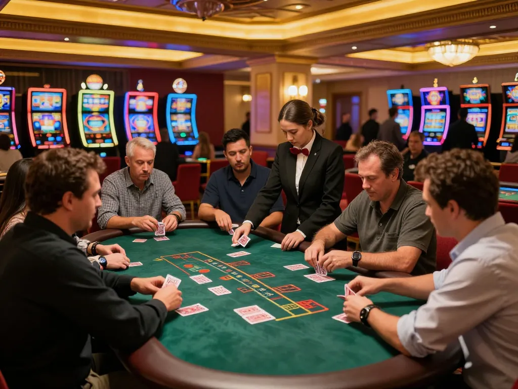 Players at a blackjack table engaging in strategic gameplay while daftar cards are dealt in a vibrant casino atmosphere.