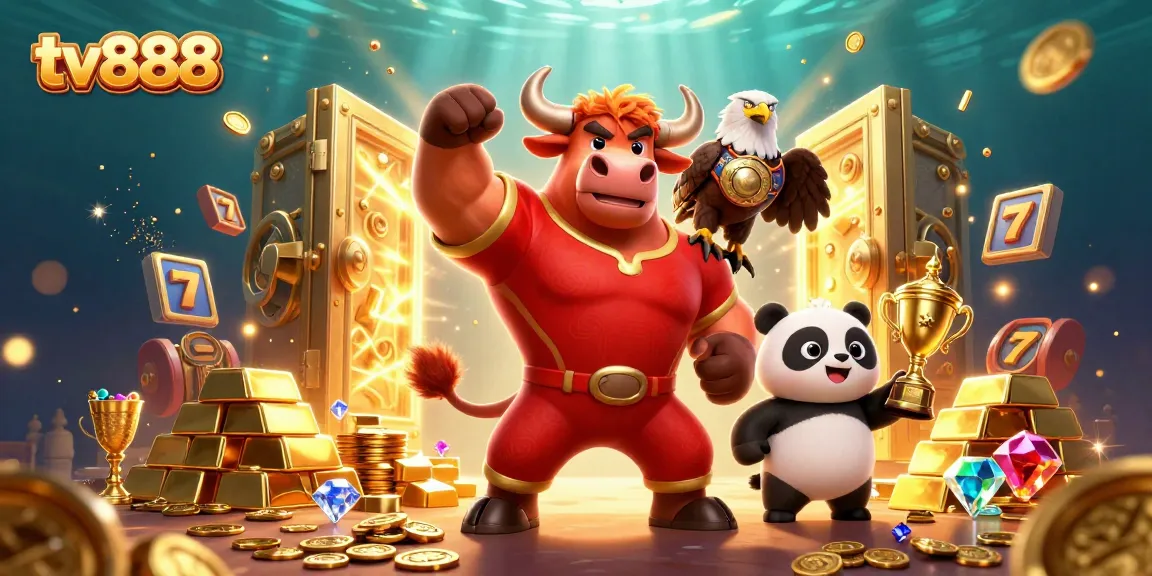 Experience the excitement with tv888, featuring a jubilant bull mascot, an eagle champion, and a trophy-holding panda amidst gold treasures and jackpot reels.